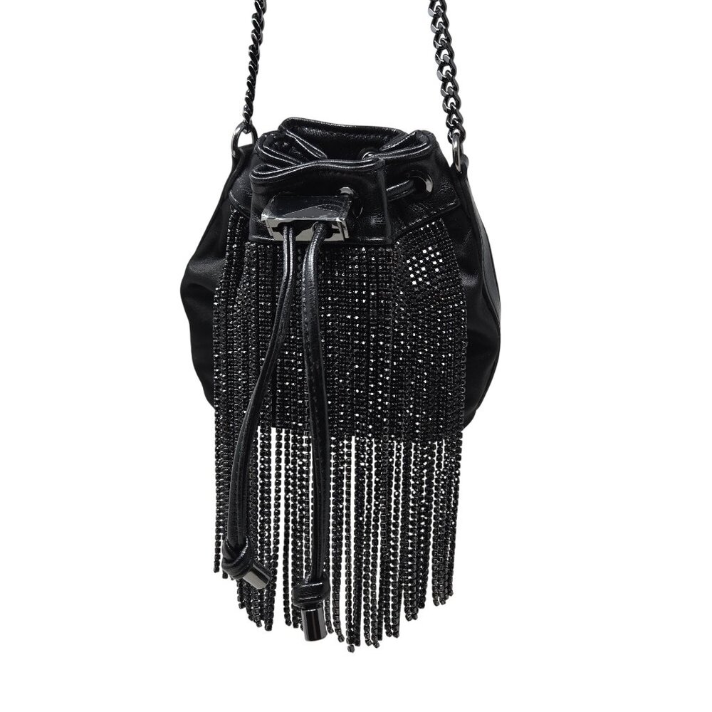 Aldo Mackie Black‎ Faux Leather Bucket Bag Rhinestone Fringe Festival Party